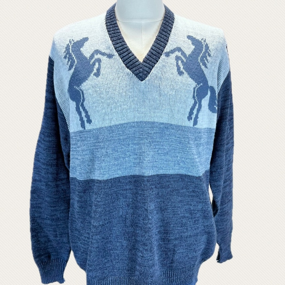 VINTAGE horse‎ mustang knit sweater v neck space dyed cowboy western Sears 80s